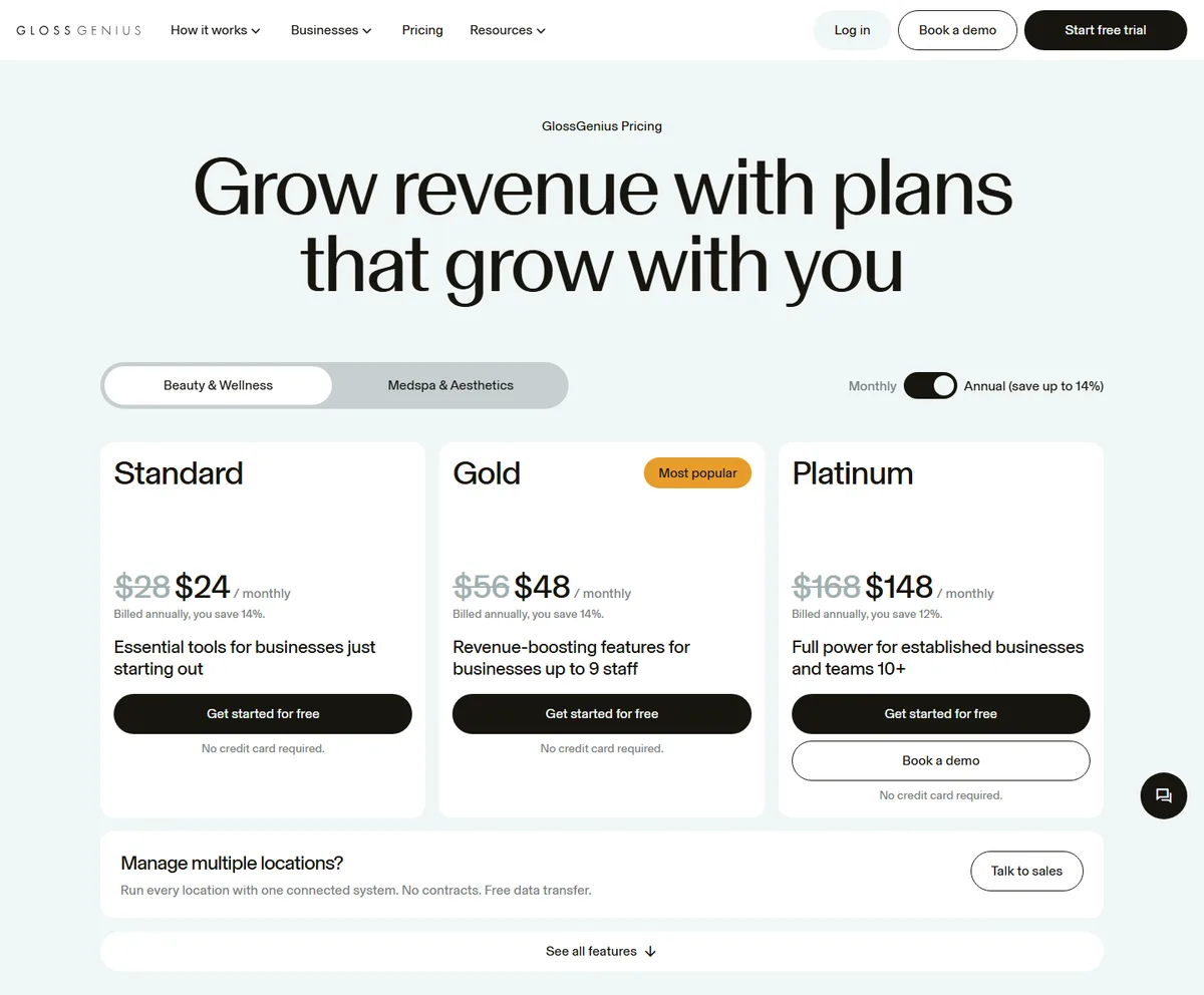 GlossGenius's pricing page, set to yearly billing: Standard $24, Gold $48, and Platinum $148 a month.