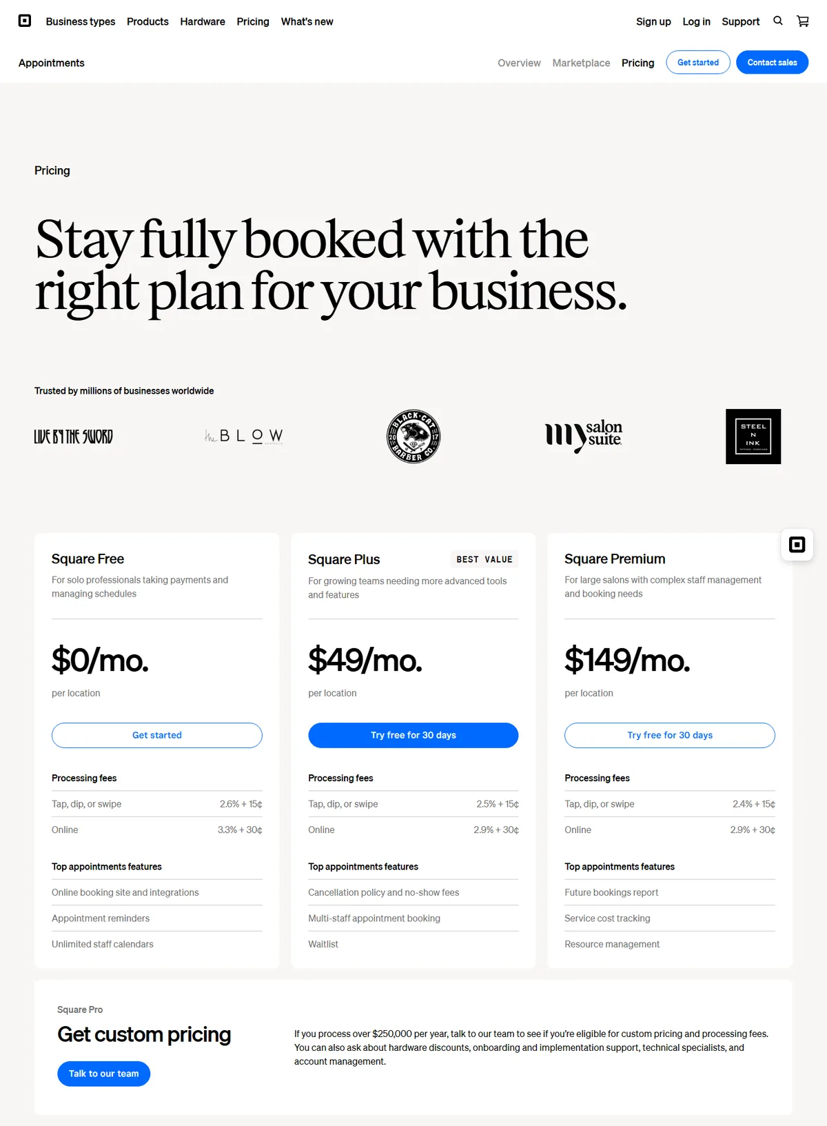Square's appointments pricing page: Square Free $0, Square Plus $49 and Square Premium $149 a month per location, with processing fees for each.