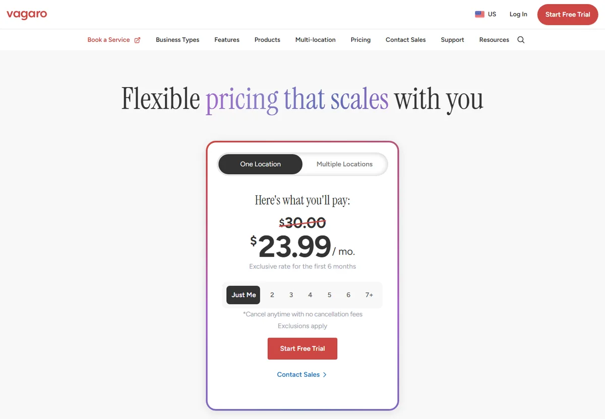 Vagaro's pricing page, showing $23.99 a month for the first 6 months, down from $30.