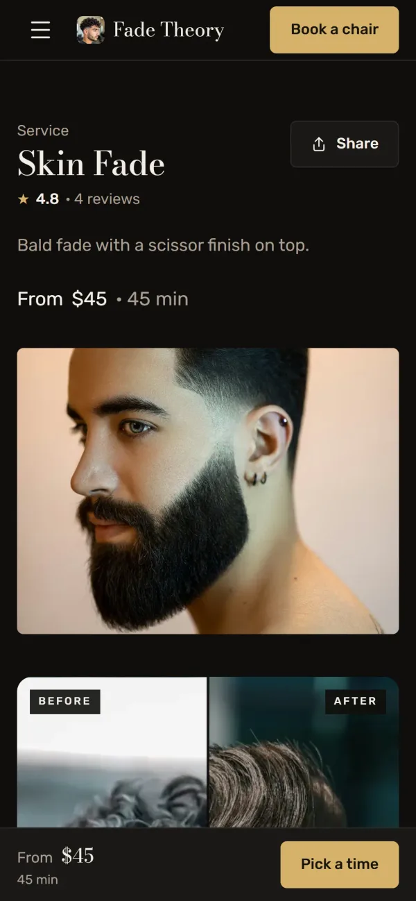 The Skin Fade service page on the same demo site: a 4.8 rating from 4 reviews, from $45 for 45 minutes, a photo of the cut, and a Pick a time button.